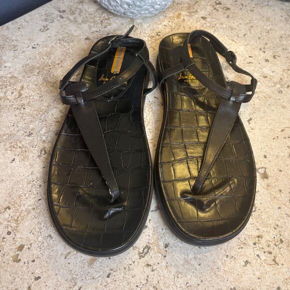 Sam Edelman Black Naomi Croc Vegan Ankle Strap T-Strap Sandals Size 6.5 NEW - Picture 1 of 4